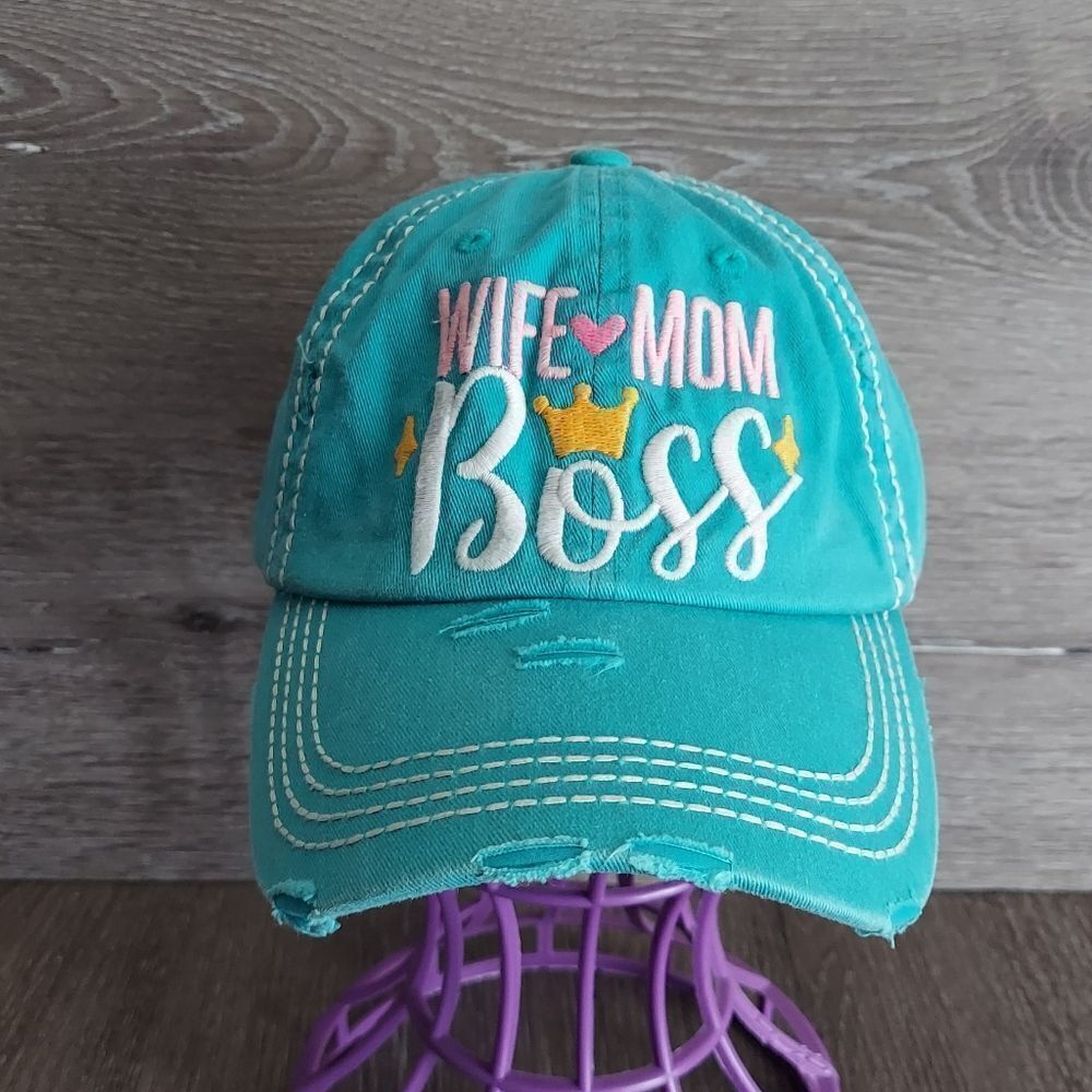 Kbethos Vintage Wife Mom Boss Distressed Turquoise Adjustable Hat